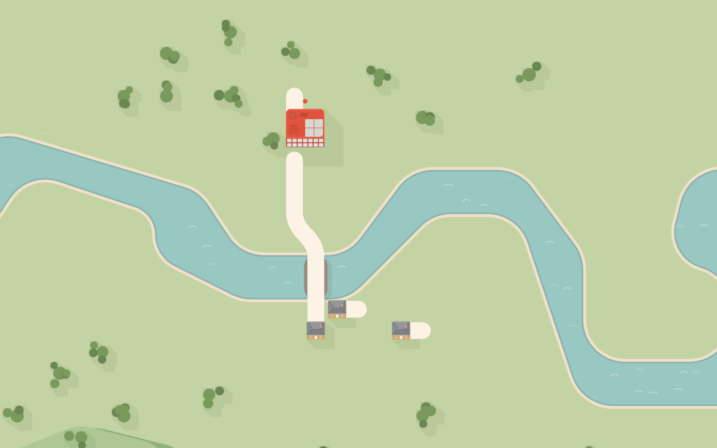 One road drawn across a bridge to the first houses
