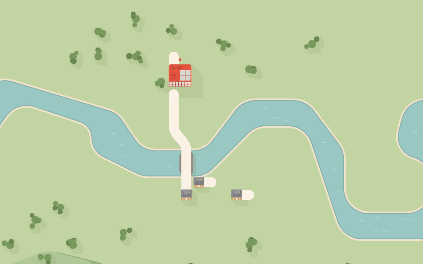 One road across a bridge to the first houses