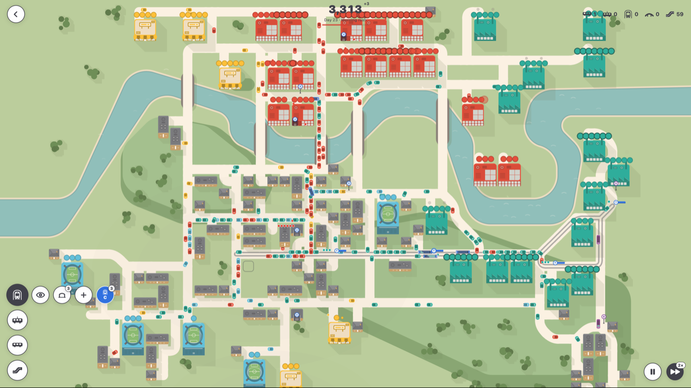 A mature city on day twenty-three with a full road, bus and tram network