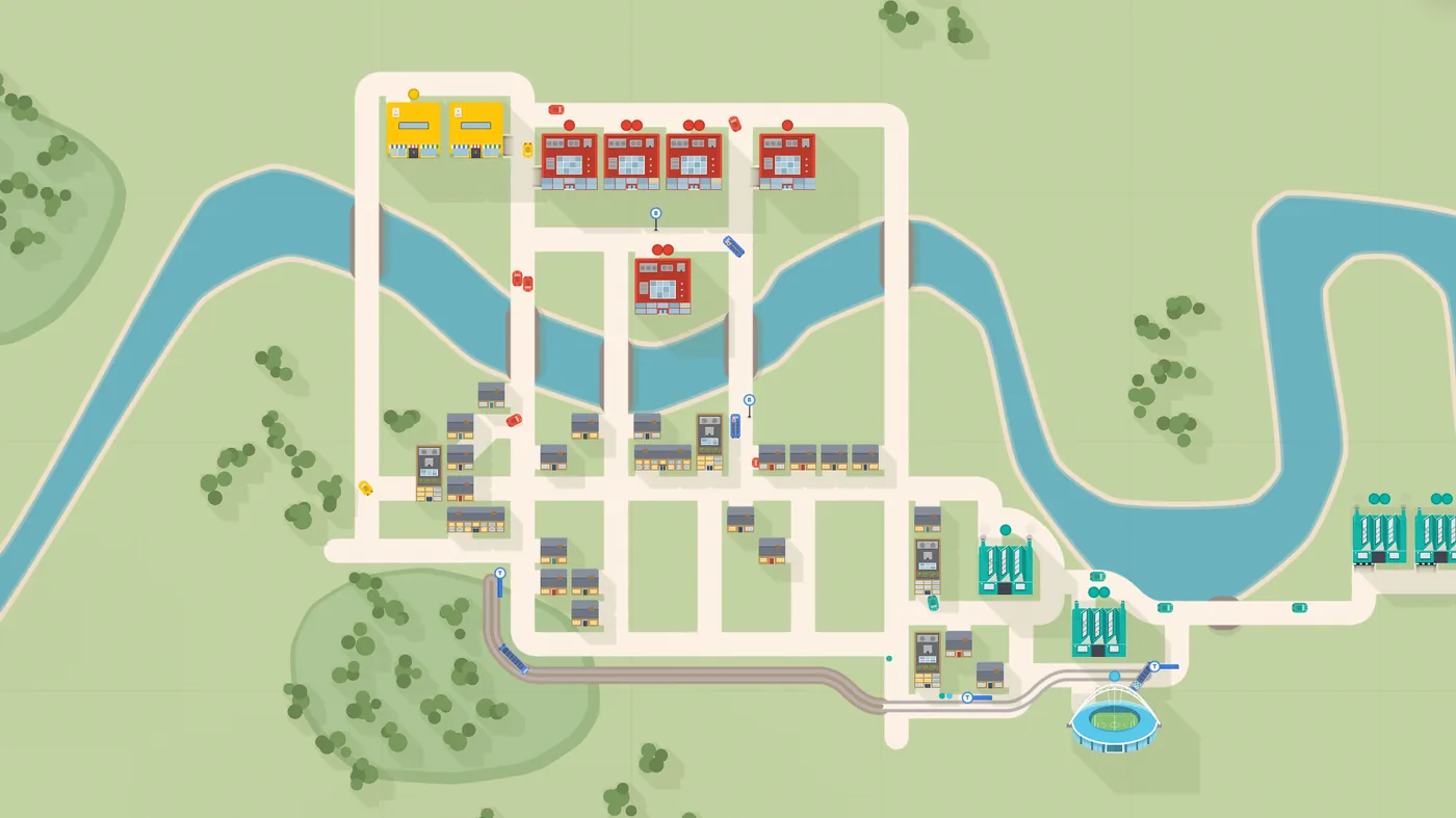 London mid-run: offices and factories along the Thames, rows of houses to the south, and the roads filling with traffic