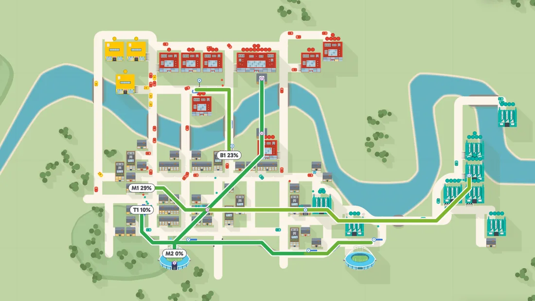 London in the game with the line-load view on: bus, tram and Underground lines across the Thames, each labelled with how full it runs